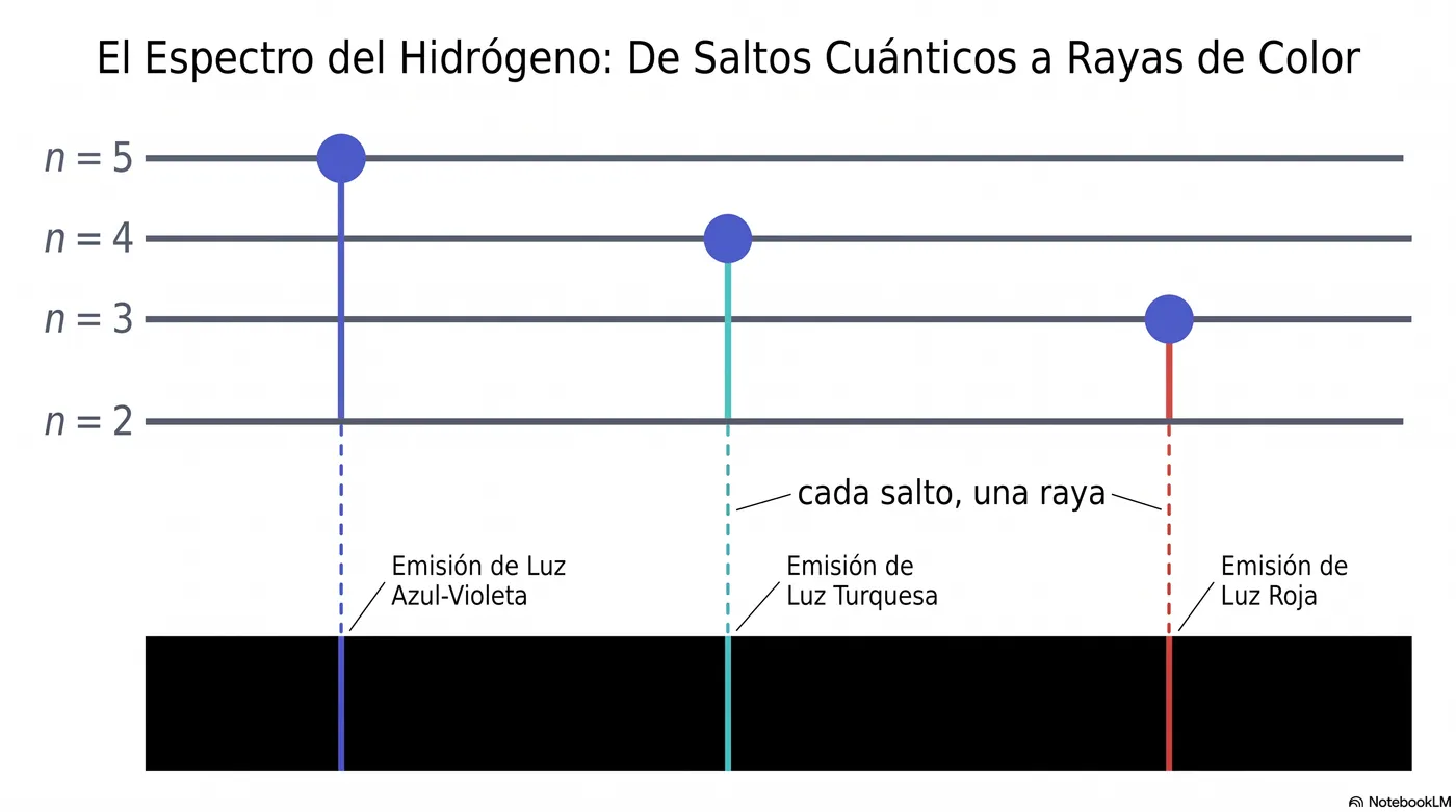 El espectro del hidrógeno según Bohr: cada salto entre peldaños produce una raya de un color concreto