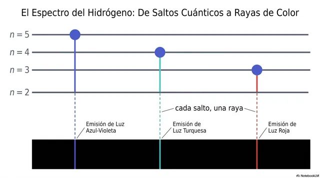 El espectro del hidrógeno según Bohr: cada salto entre peldaños produce una raya de un color concreto
