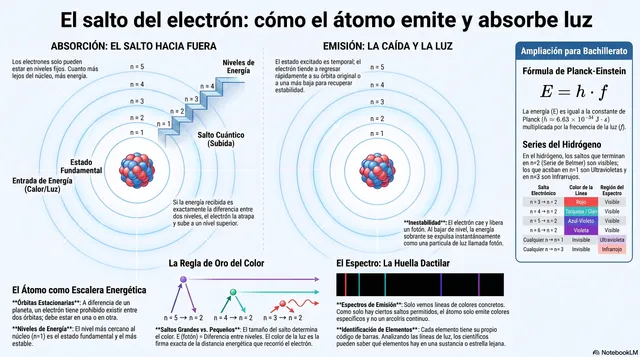 El salto completo: el electrón absorbe energía para subir y la suelta en forma de luz al caer (amplía con un clic)