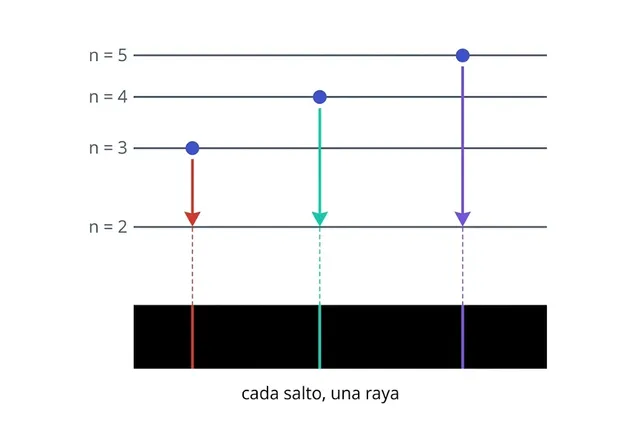 Cada caída del electrón entre dos niveles libera una energía exacta: un color exacto. Cada salto, una raya.