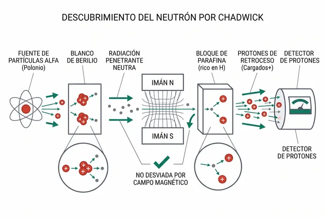 El montaje de Chadwick: el berilio suelta una radiación neutra (no la desvía el imán) que arranca protones de la parafina; midiendo su retroceso dedujo la masa del neutrón