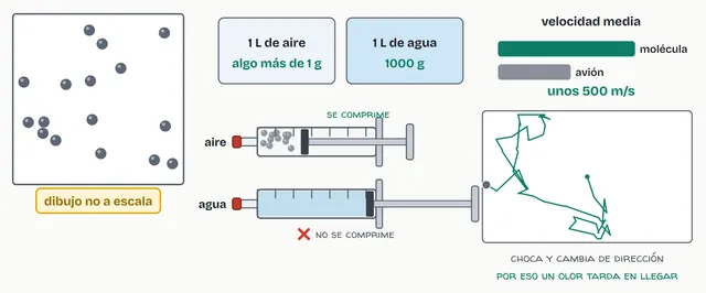 El aire de una jeringa tapada se comprime al apretar; el agua no se mueve. Las partículas del gas están muy separadas y se mueven muy deprisa
