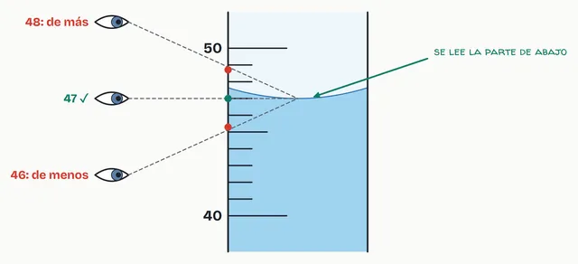 Con los ojos a la altura del menisco se lee bien (47 mL); desde arriba se lee de más (48) y desde abajo, de menos (46)