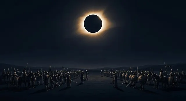 Año 585 a. C.: el Sol desaparece en mitad de la batalla entre medos y lidios (ilustración)