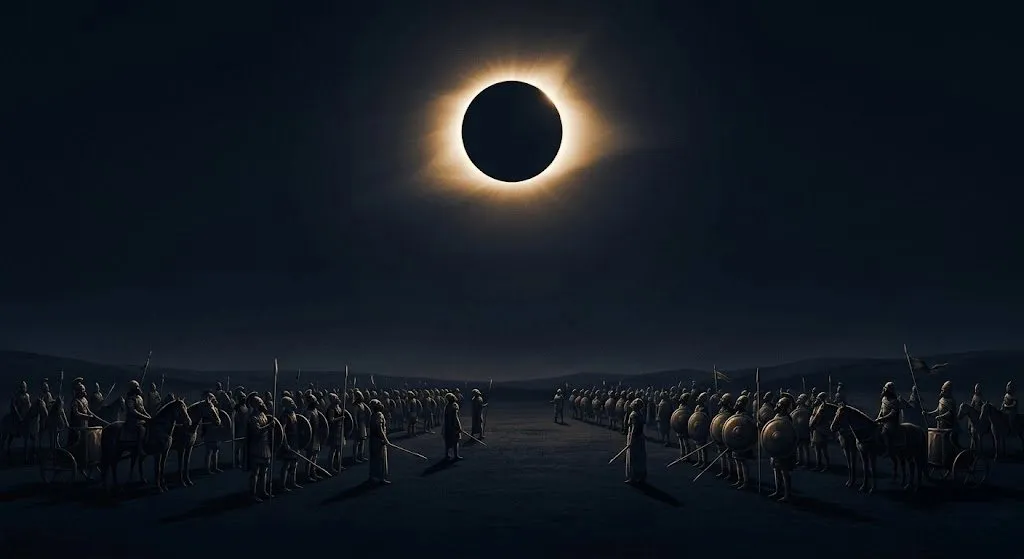 Año 585 a. C.: el Sol desaparece en mitad de la batalla entre medos y lidios (ilustración)