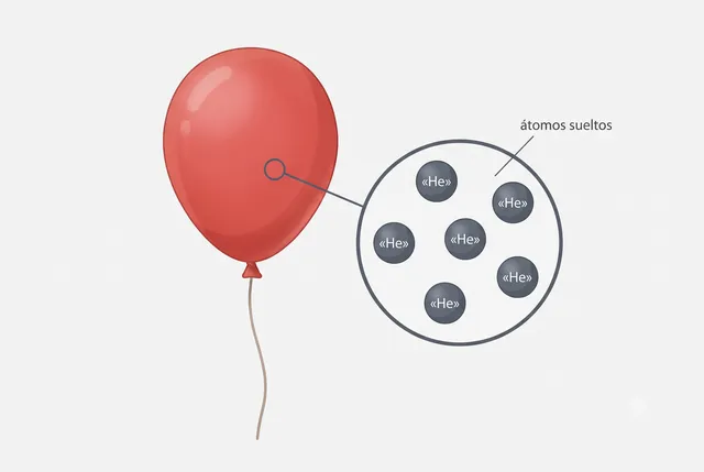 Un globo de helio con lupa: átomos de He sueltos, cada uno a lo suyo. Pulsa para ampliar y pasa las flechas.