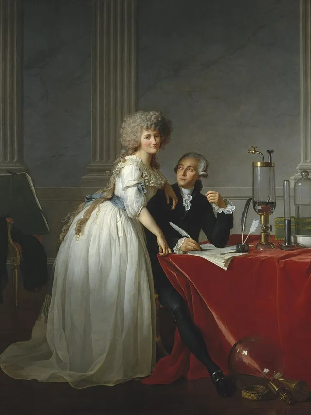Antoine Lavoisier y Marie-Anne Paulze, que dibujaba sus aparatos, en el cuadro de Jacques-Louis David (1788)