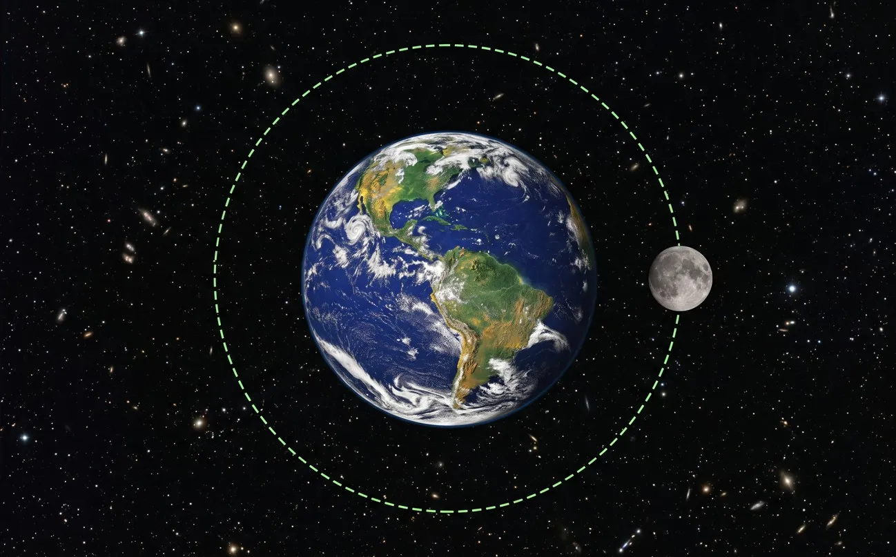 Y la Luna: su órbita alrededor de la Tierra es casi circular. La Tierra en el centro, la Luna sobre la trayectoria.