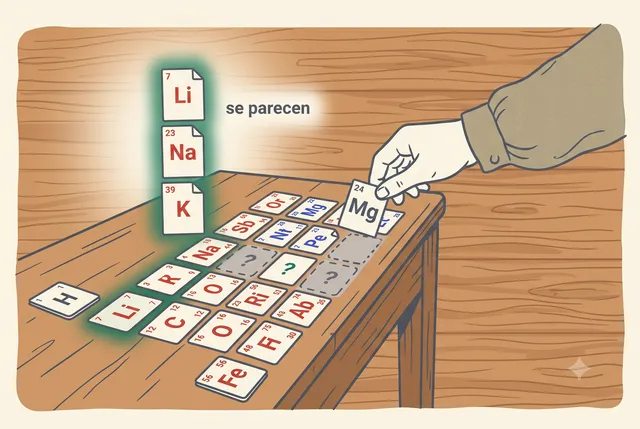 Las tarjetas de una misma columna se parecen (Li, Na, K)… y donde nada encaja, hueco a la vista