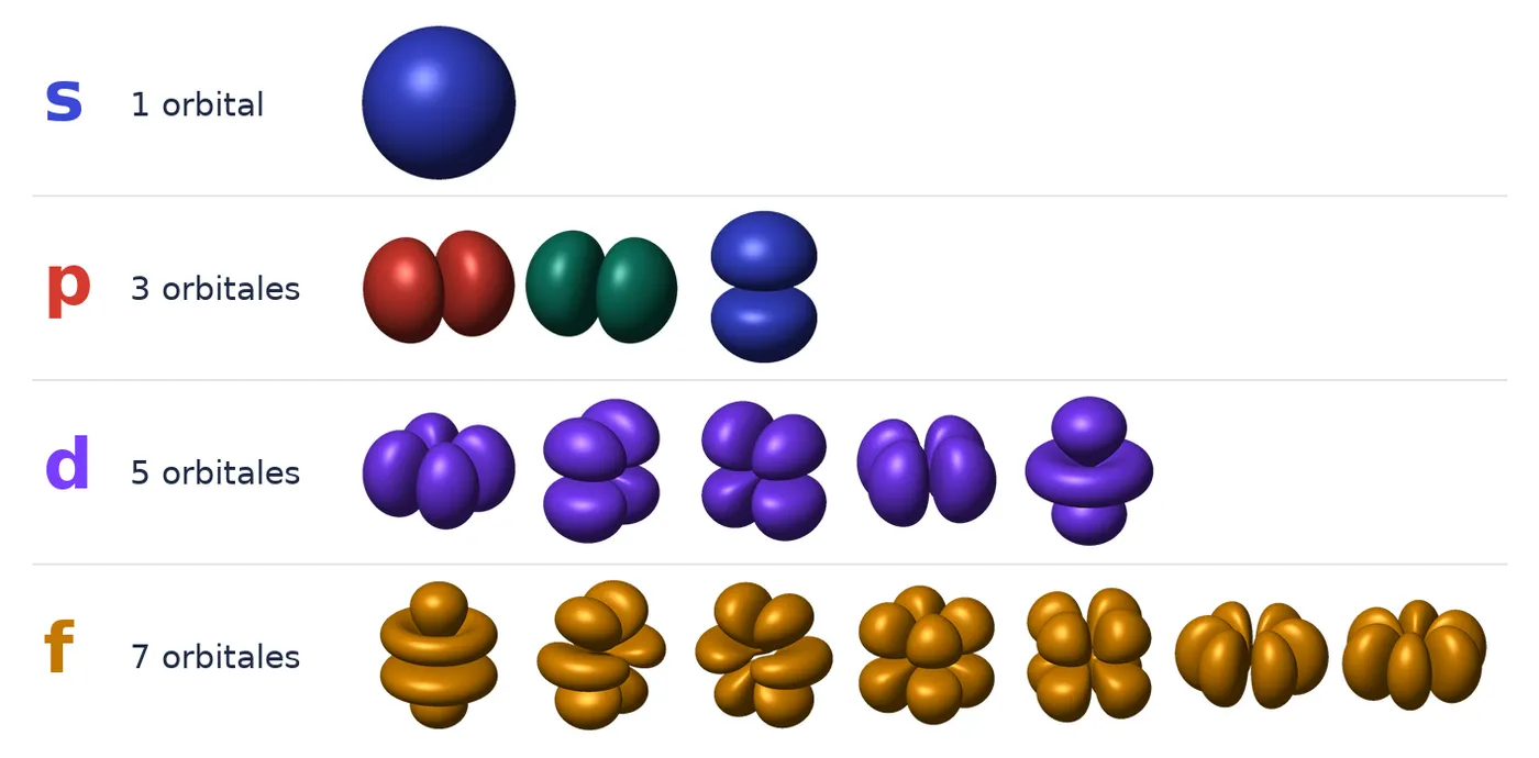 La forma de cada orbital: una esfera s, tres p de dos lóbulos, cinco d y siete f. Cada forma es una caja