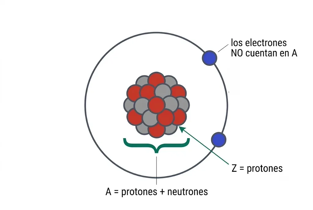 La llave abraza solo el núcleo: A cuenta protones y neutrones; los electrones no entran