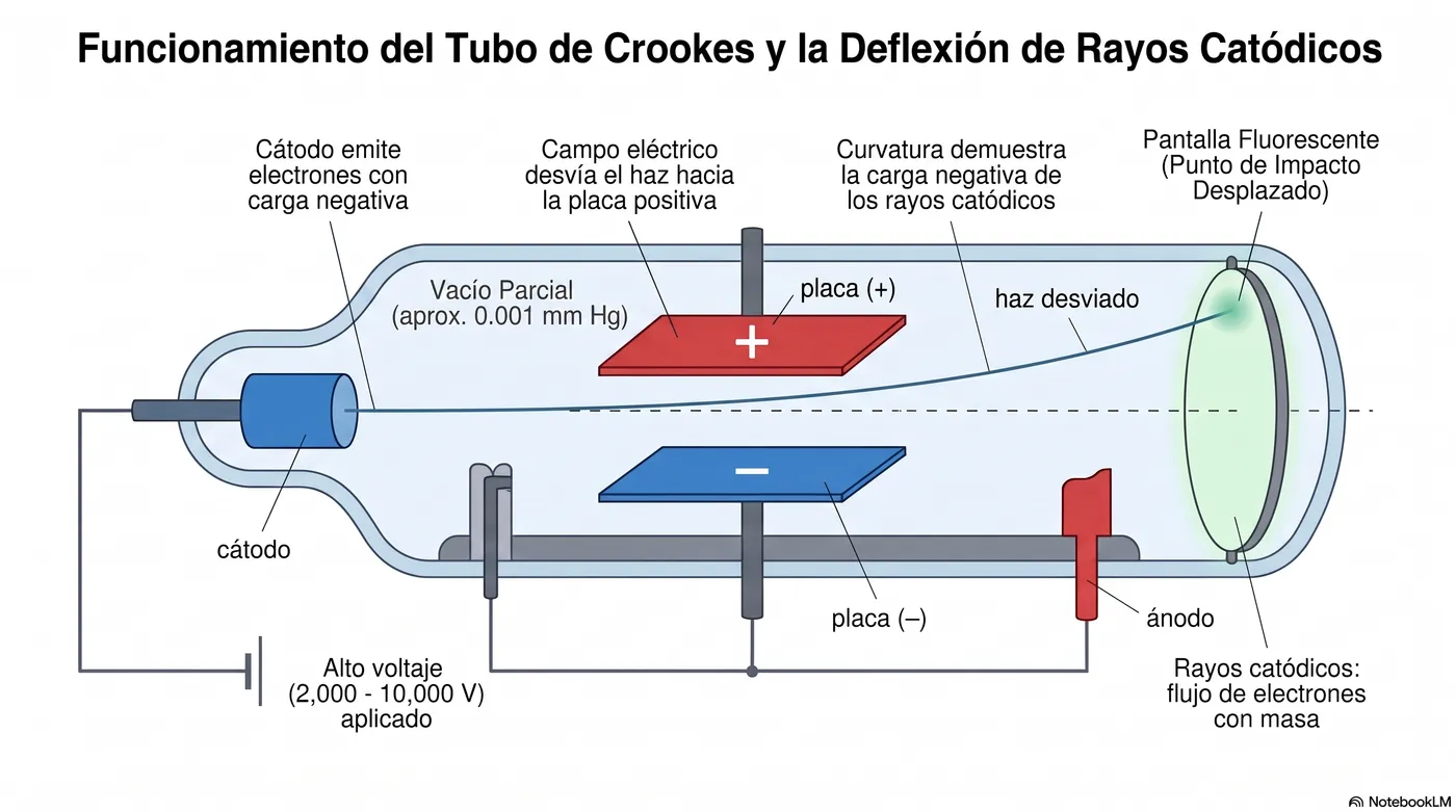 Entre placas cargadas el haz se desvía: los rayos llevan carga negativa