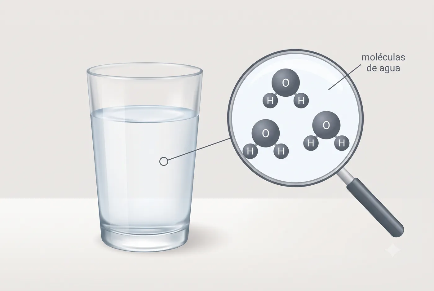 Y ahora lo normal, lo unido: el agua del grifo son moléculas — un O y dos H cogidos con fuerza.